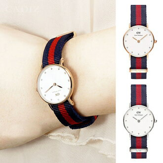 【Cadiz】瑞典正品 Daniel Wellington 手錶 0905DW玫瑰金 0925DW銀色 CLASSY OXFORD 水鑽 藍紅尼龍錶帶 蛋殼白錶盤 26mm 對錶 情侶錶 男女錶 兩年保固