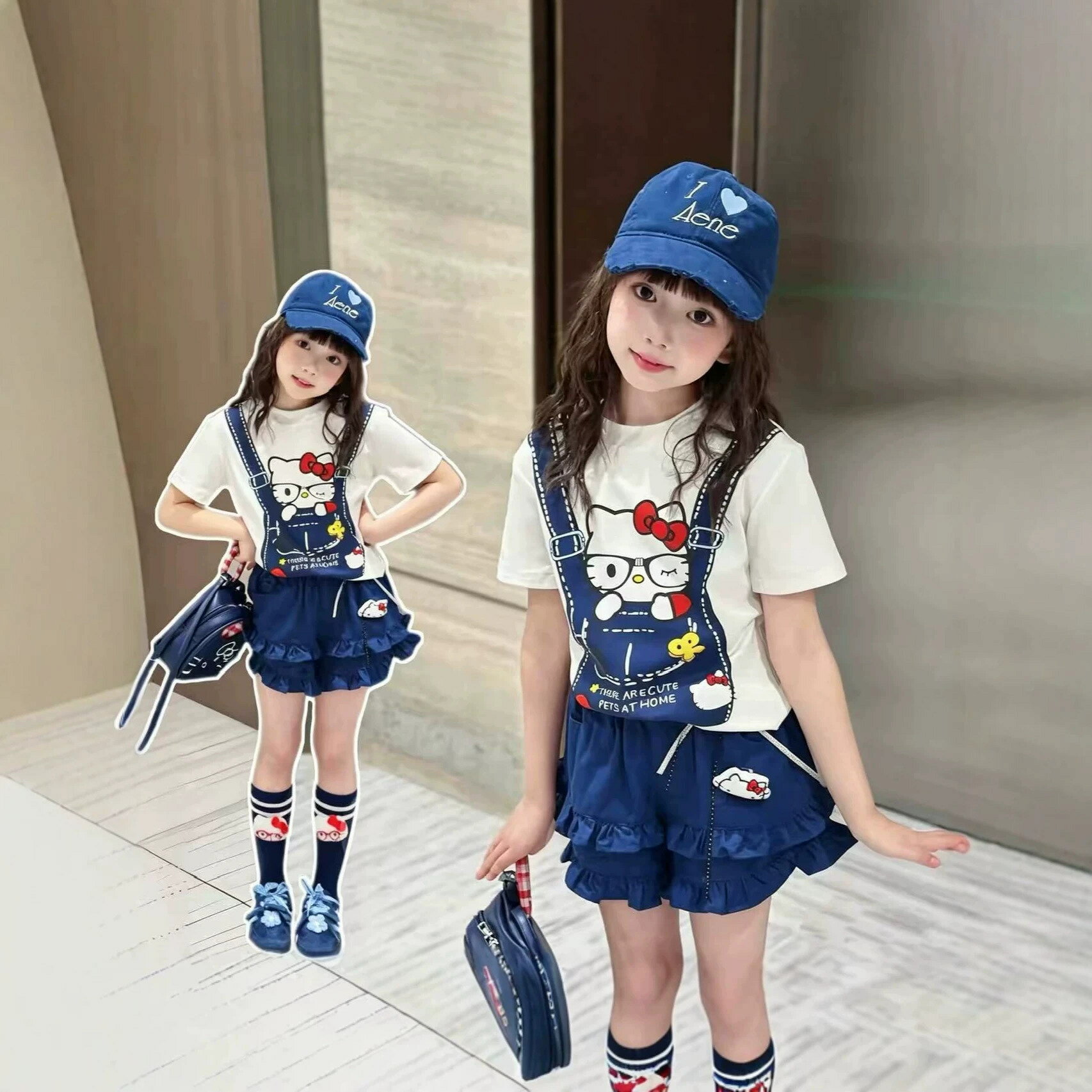 2026夏季新款女童短袖木耳邊短褲軟萌暴擊Kitty背帶印花裙褲套裝#Hi, 享樂百貨#