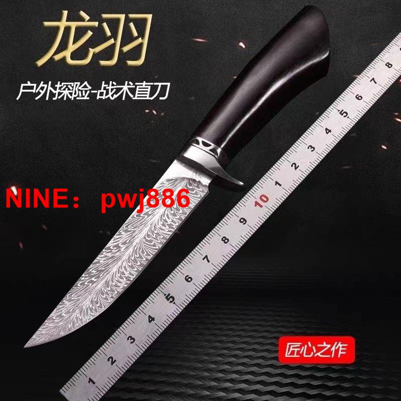 [臺灣公司貨 可開發票]龍羽手工羽毛紋腐蝕紋戶外多功能刀手工刀水果刀收藏刀擺件刀直刀