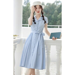 藍色學院風襯衫連身裙女夏季小個子復古收腰顯瘦長裙
