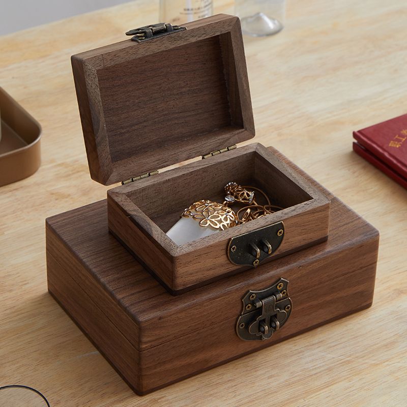 黑胡桃木盒子帶鎖實木質桌面收納盒復古證件印章盒首飾收納儲物箱