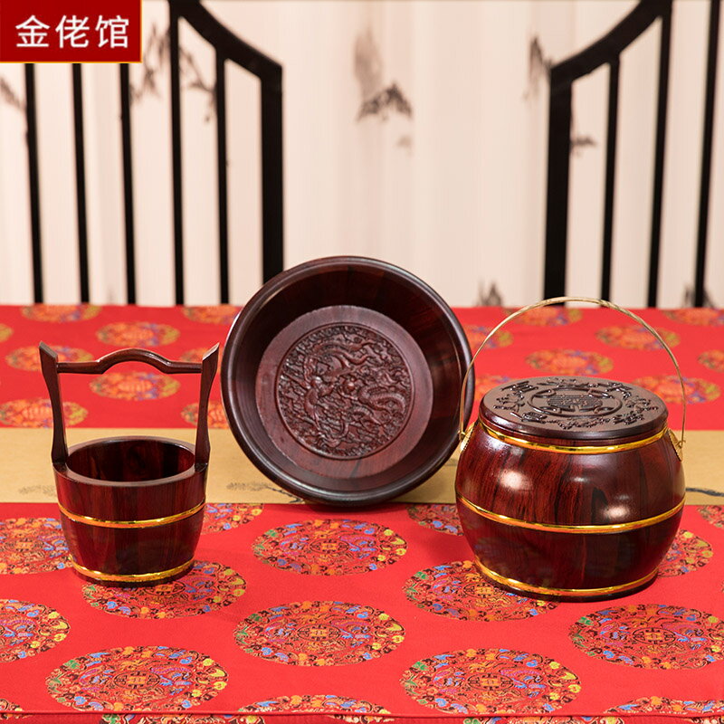 紅木子孫喜桶紅結婚慶用品實木小號馬桶紅桶陪嫁嫁妝三件套裝痰盂