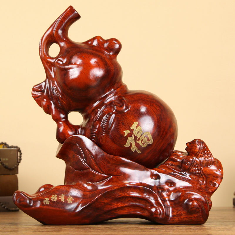 花梨木雕福祿有餘紅木質工藝品實木質創意擺件葫蘆如意福家居擺設
