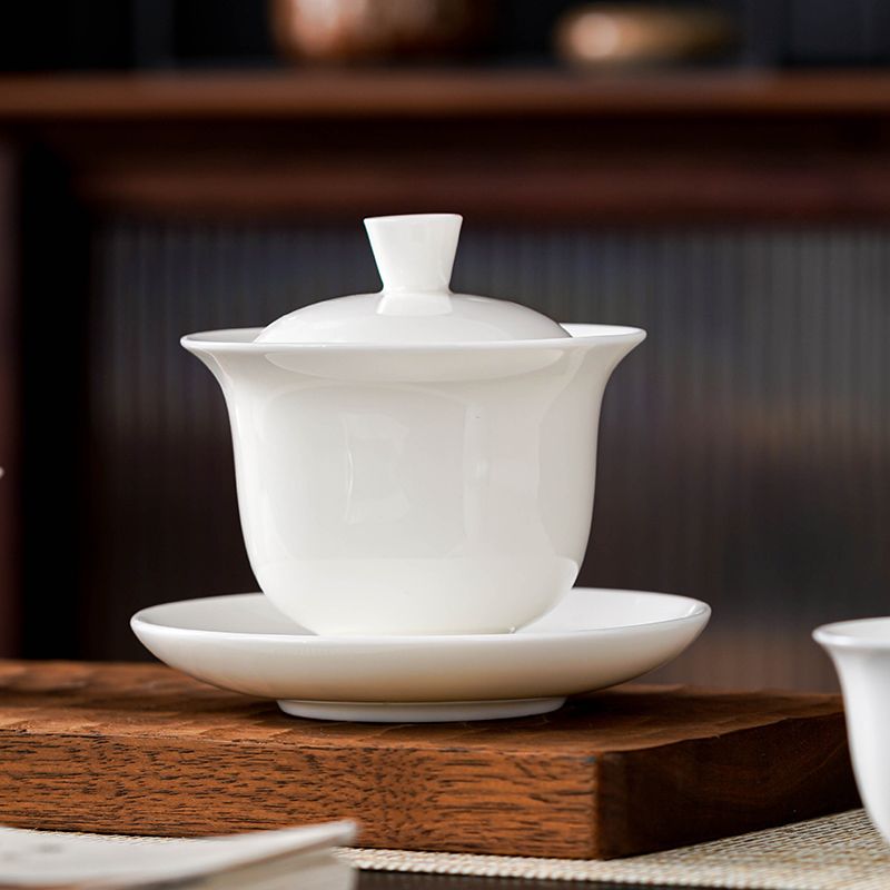 德化羊脂玉白瓷單個蓋碗茶杯陶瓷三才茶碗手工大號家用功夫泡茶器