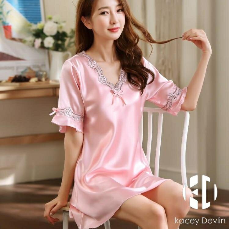 睡裙女春夏性感薄款短袖連衣裙蕾絲睡衣女夏季絲綢家居服【聚物優品】