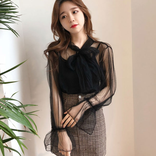 兩件組 蝴蝶結網紗 內搭背心 襯衫 上衣 套裝 長袖 喇叭袖 透膚 透視 性感 女神 氣質 婚宴 仙女 韓國 ANNA S. 1