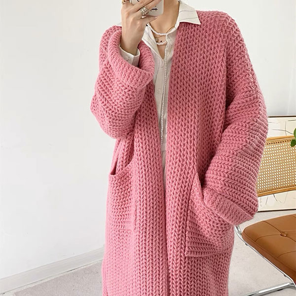 ANNAS 正韓 特價 芭比粉 外套 粗針織罩衫 長版 寬鬆 大衣 毛衣 韓國 3