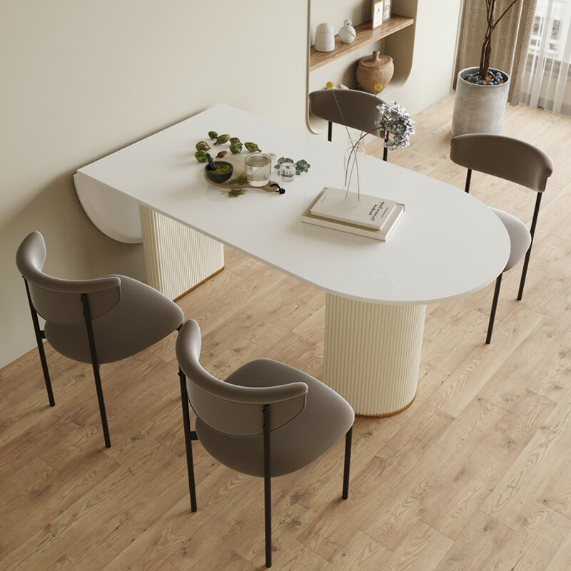 小戶型 餐桌 椅組合 現代簡約 奶油風 白色可折疊伸縮 橢圓形吃飯桌