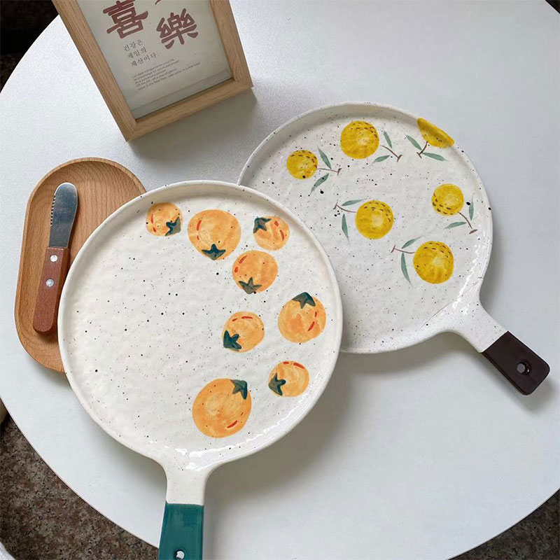 披薩盤烤箱專用西餐餐盤ins風帶把單柄盤陶瓷微波爐烤盤韓式家用