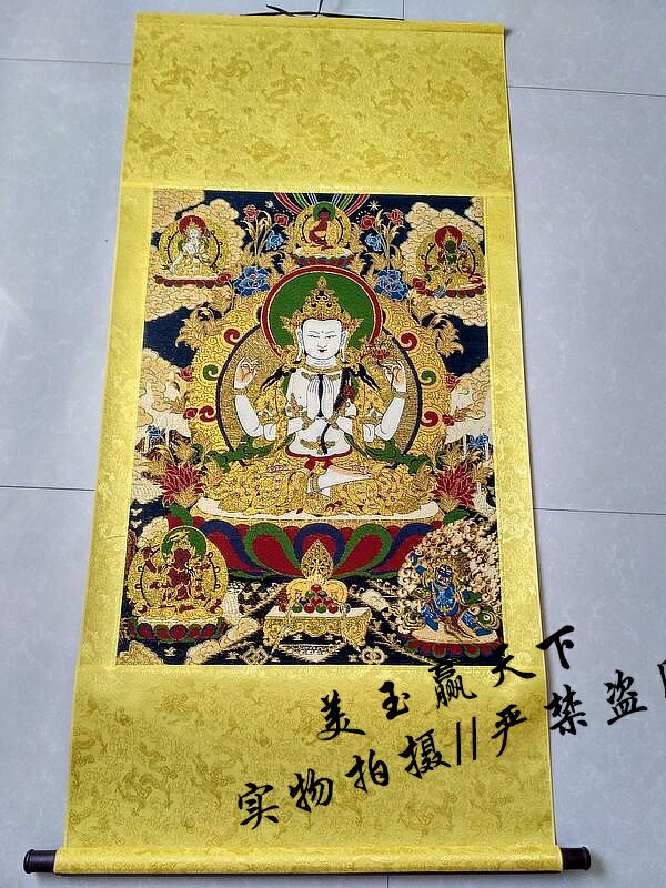 西藏佛像 唐卡畫像 織錦畫 金絲綢繡 四臂觀音已裝裱 唐卡刺繡