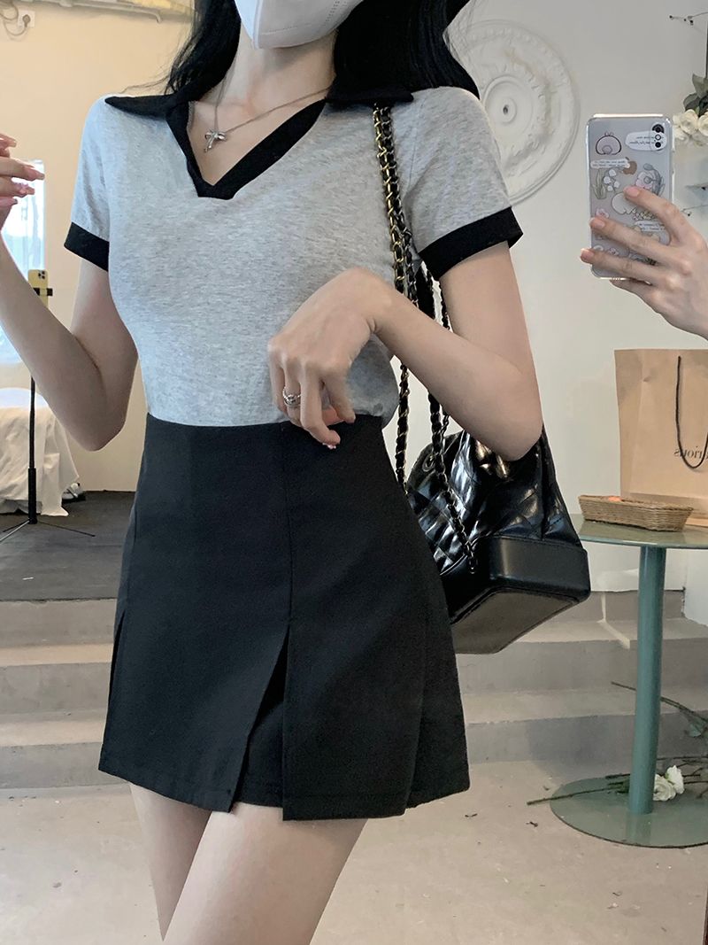 短袖裙裝套裝撞色POLO領短袖T恤女辣妹短袖上衣+開叉短褲裙兩件套夏季
