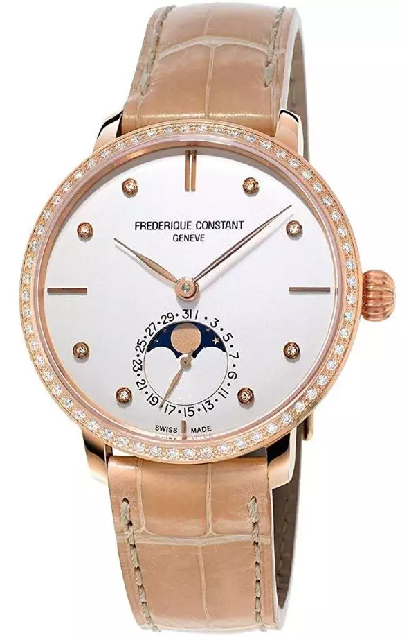 CONSTANT 康斯登 自製機芯 超薄 月相 鑽框 機械女腕錶(FC-703VD3SD4)-38mm-白面皮革