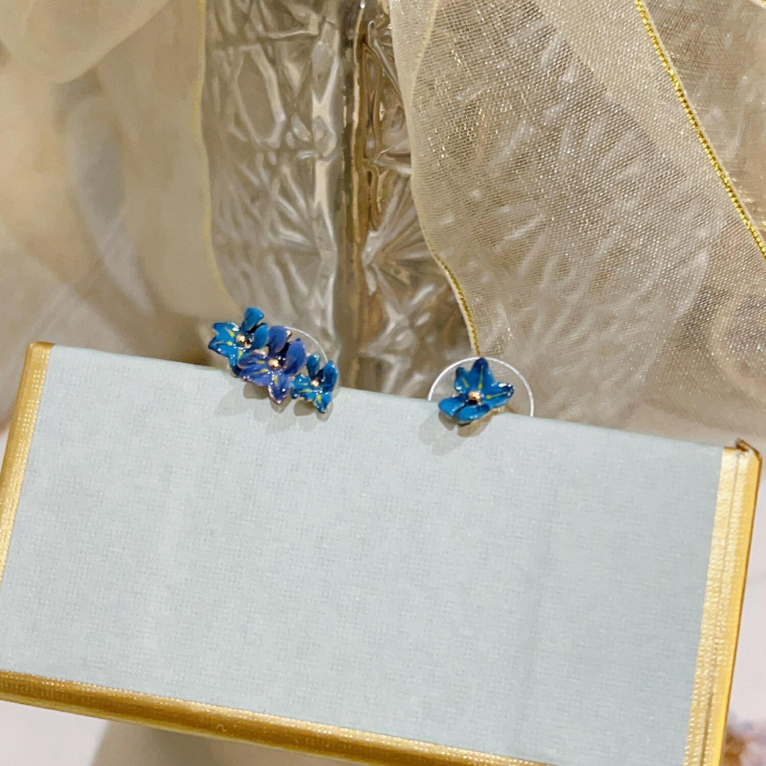 【百貨屋二號】Les Nereides 法國琺瑯首飾品 梵高鳶尾花系列 藍花不對稱 AB款耳環耳釘耳夾