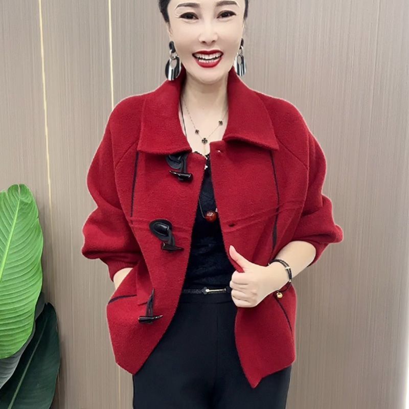 秋冬新款仿雙面呢外套女中老年洋氣大碼媽媽裝高檔百搭毛呢大衣女-享樂