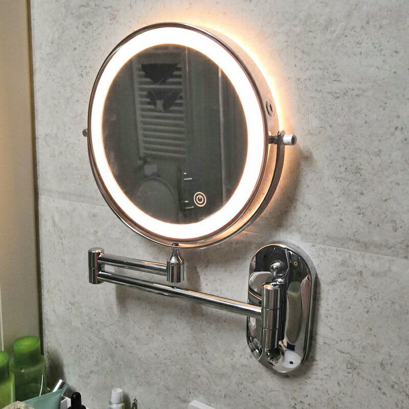 帶燈化妝鏡 梳妝鏡 led鏡子 浴室鏡 子免打孔led折疊伸縮化妝鏡 壁掛衛生間美容雙面帶燈掛墻式 全館免運