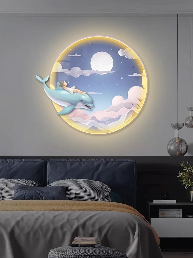 卡通臥室床頭裝飾畫女孩兒童房間墻面掛畫溫馨壁燈海豚少女心壁畫