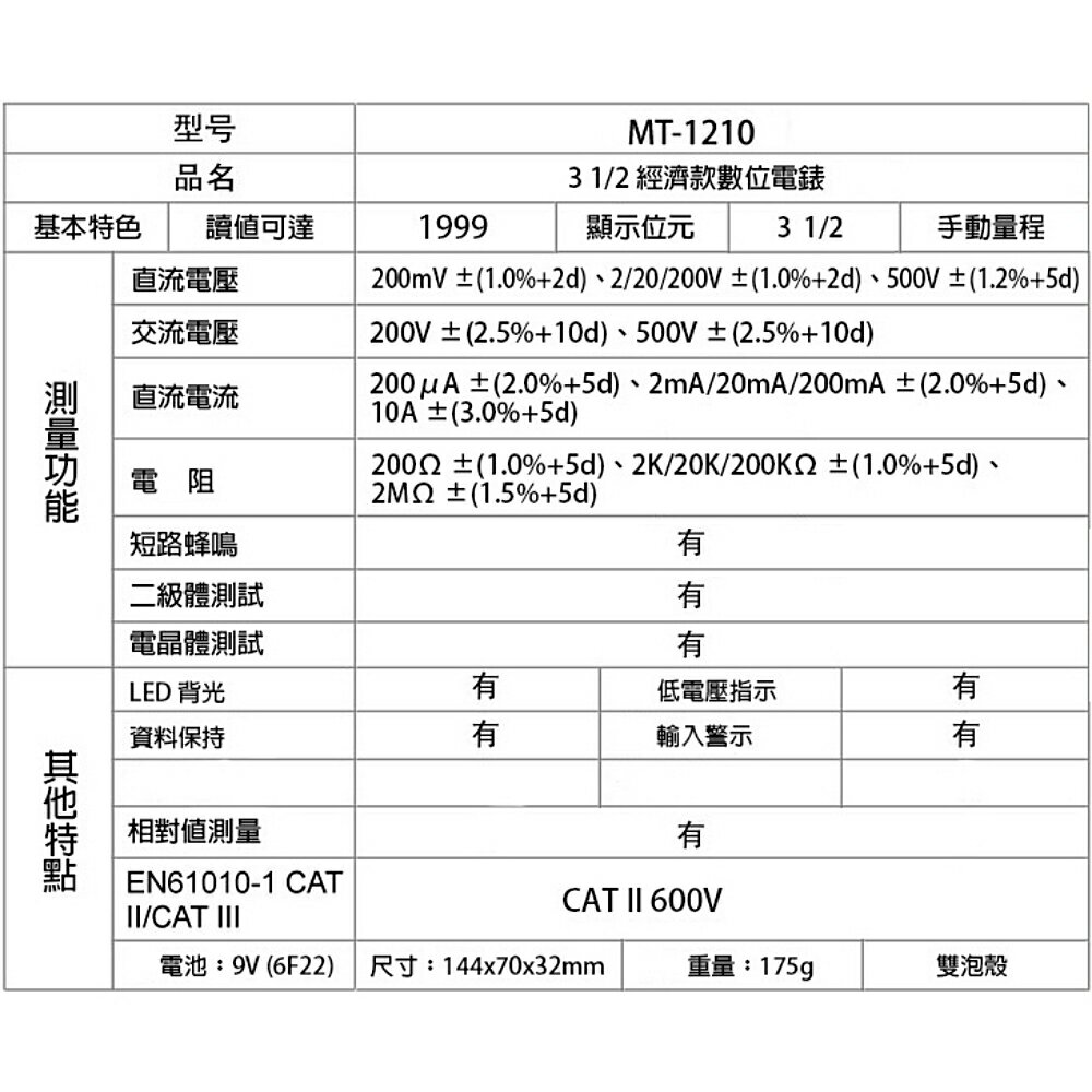 又敗家@台灣Pro' sKit寶工3又1/2數位電表MT-1210經濟款(附電池.晶體測試LCD背光,具電壓誤測保護)數位型三用電表三用電錶數位電錶 適直流電壓200mv 500V /交流電壓200mV 2V 20V 200V  500V/直流電流200uA 2mA 20mA 200mA 10A /電阻200Ω 2KMΩ  20KΩ 200KΩ 2MΩ   數字萬用表數顯普通級手動量程防燒【全館299超取免運】【APP下單點數4倍送】 8