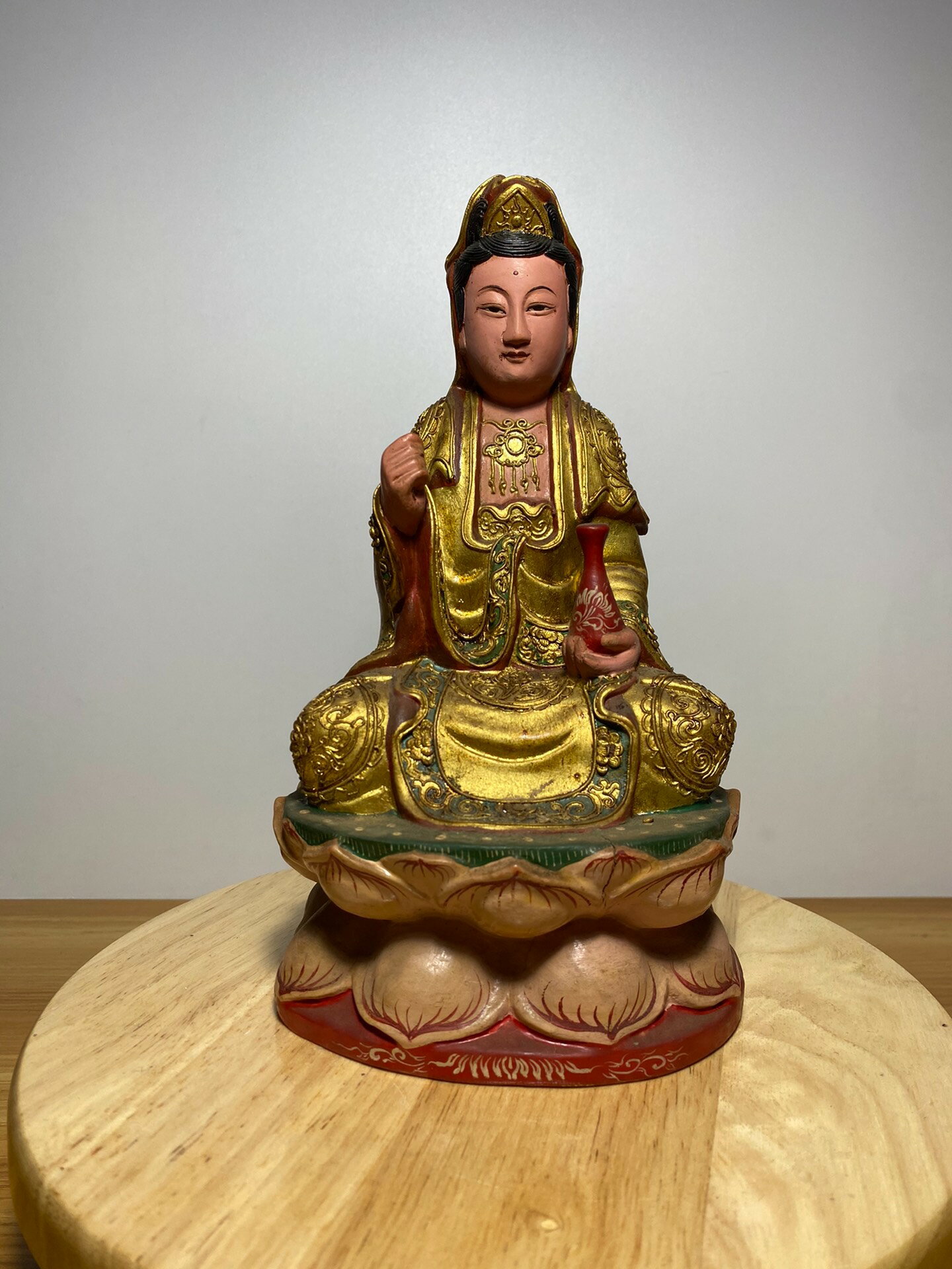 老柘植木精細彫刻 觀音菩薩站像 三面觀音 館蔵品110811