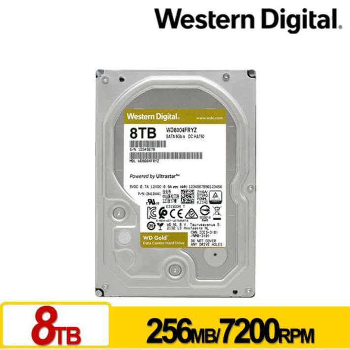 【含稅公司貨】WD 威騰 金標 8TB 3.5吋 企業級硬碟 彩盒裝 WD8004FRYZ