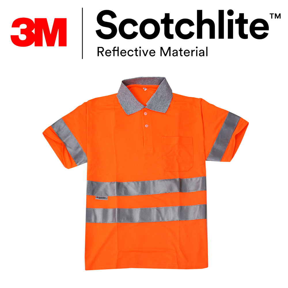灰領螢橘反光條短袖口袋polo衫 3M Scotchlite Safetylite