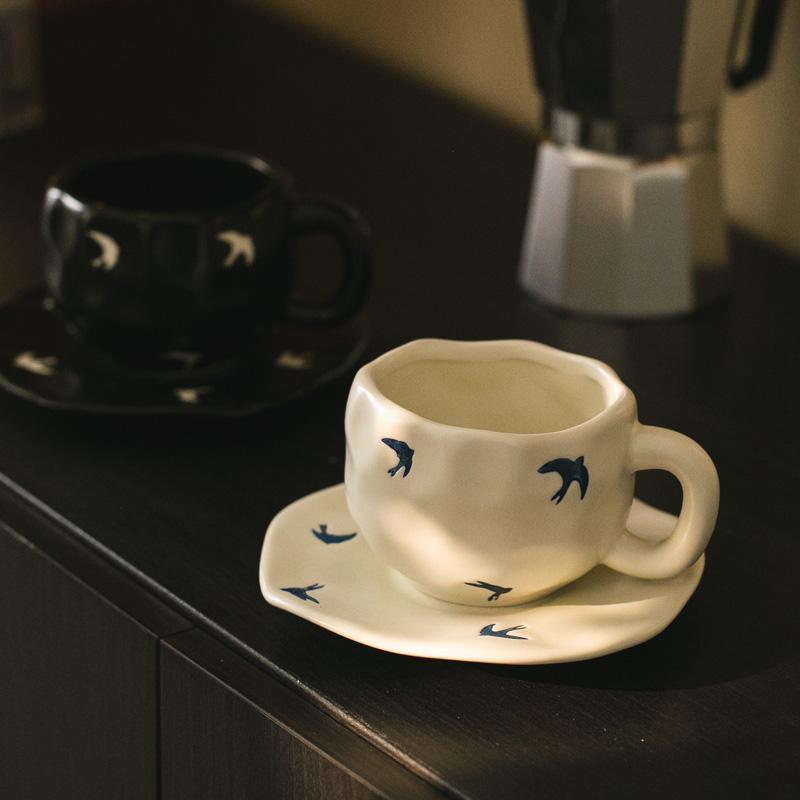 咖啡杯子 燕子陶瓷亞光咖啡杯碟子 日式禪意紅茶杯子北歐ins 設計師下午茶 免運