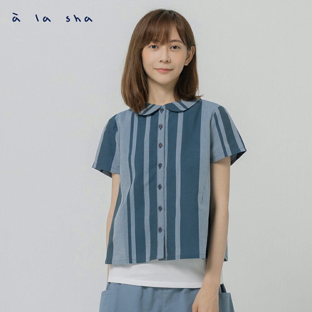 a la sha 圓領條紋棉質襯衫
