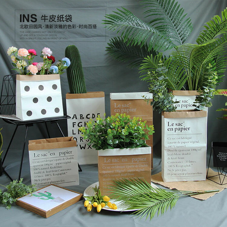 ins北歐牛皮紙袋花盆 乾花居家收納袋臥室房間櫥窗裝飾拍攝照道具