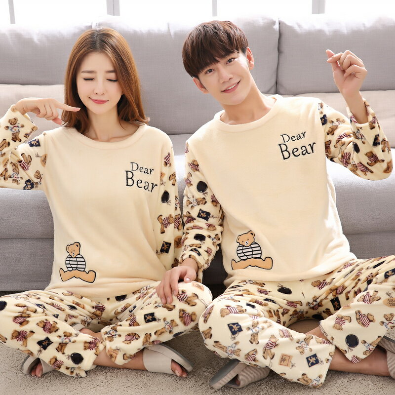 yes99buy電玩  法蘭絨情侶套裝秋冬款睡衣女加絨加厚青少年男珊瑚絨大碼家居服