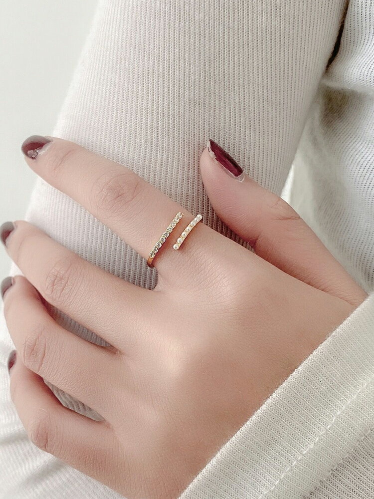 珍珠戒指女ins潮開口尾戒小指素圈時尚食指戒滿天星戒指裝飾首飾