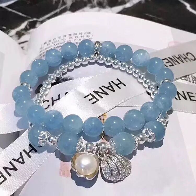 放漏體驗 正品巴西海藍寶手鏈女韓版純銀珠貝殼水晶多圈禮物節日