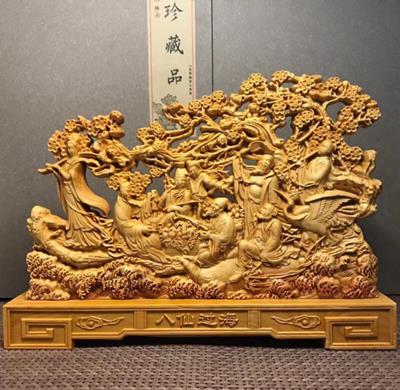 崖柏精雕新款禮盒裝老料八仙過海實木雕刻工藝品擺件原木雕刻擺件1入