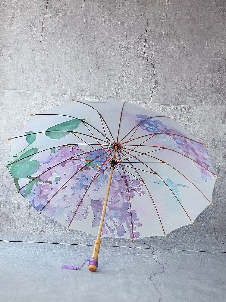 原創晴雨傘中國風紫丁香復古竹桿長柄流蘇三折16骨彩膠遮陽傘