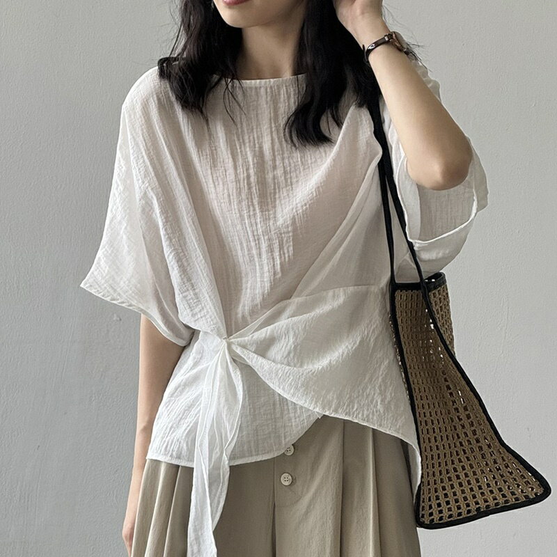 【米蘭精品】現貨+預購 法式短袖T恤短襯衫上衣親膚透氣美式休閒女裝-不規則女上衣3色74ma55