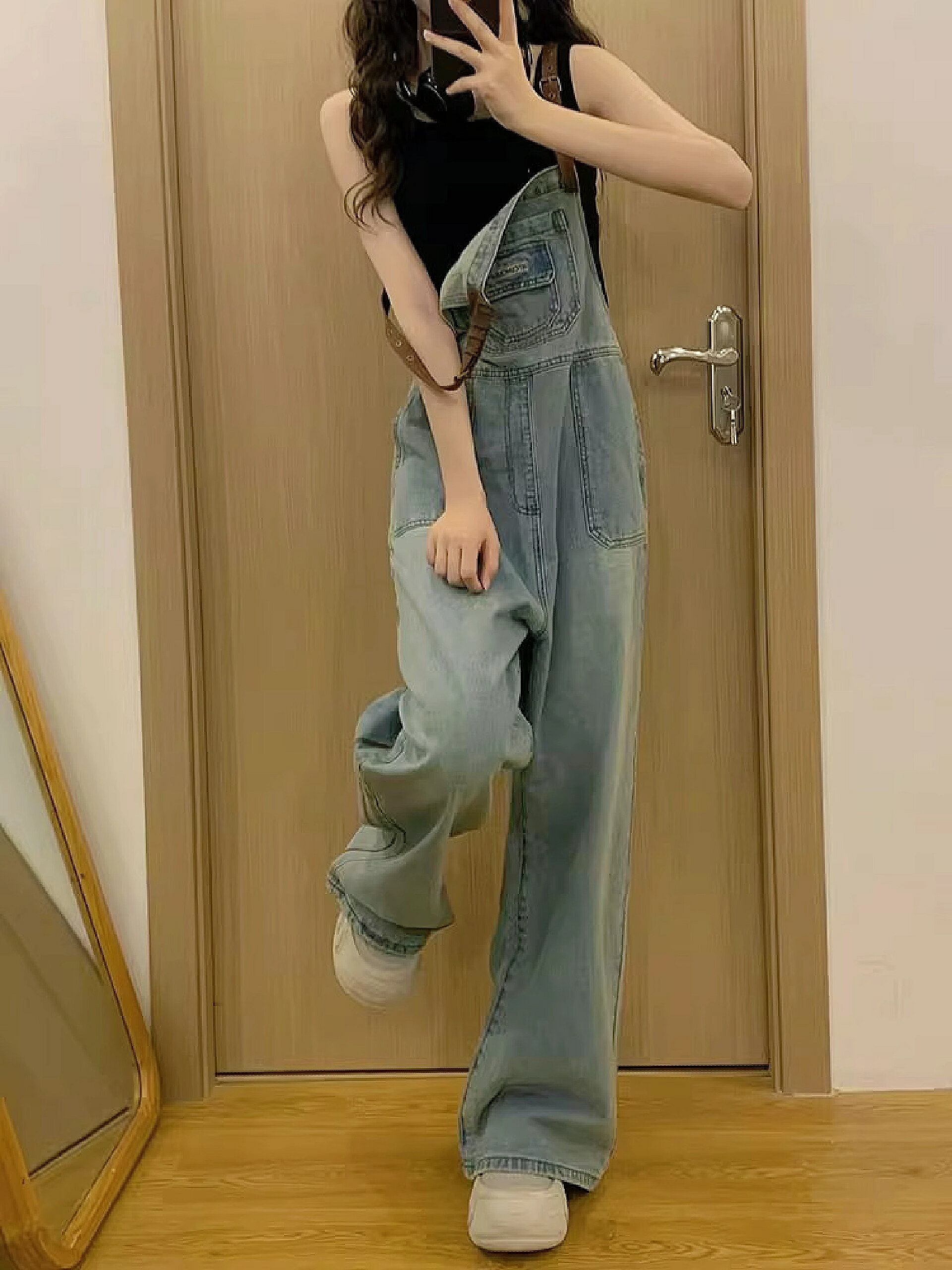 小個子背帶褲女秋季新款設計感美式連體褲直筒闊腿褲牛仔吊帶褲子【淘夢屋】