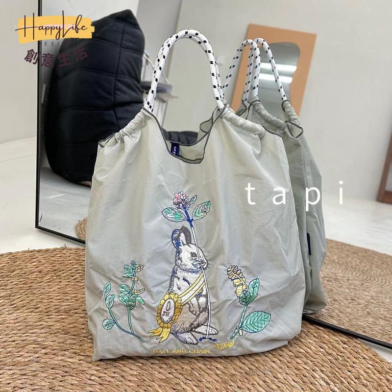 ball chain高圓圓同款小眾日系環保布袋刺繡尼龍購物袋手提單肩包 c7071