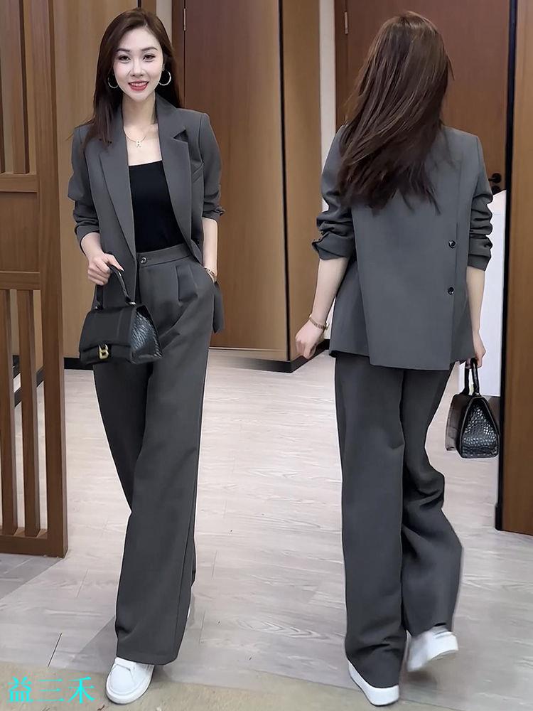 時尚西裝套裝女2024年春季新款寬松韓版休閑氣質外套闊腿褲兩件套-益三禾