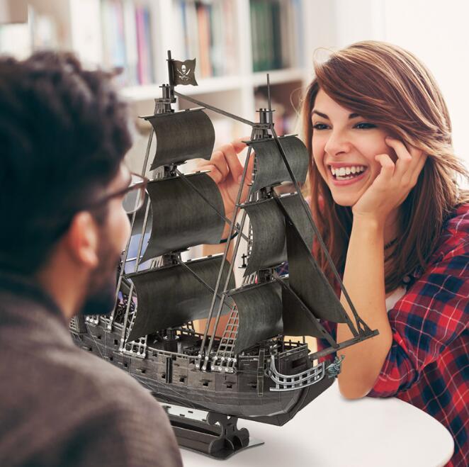 立方立體拼圖3D黑珍珠號海盜船模型拼裝高難減壓家居擺設