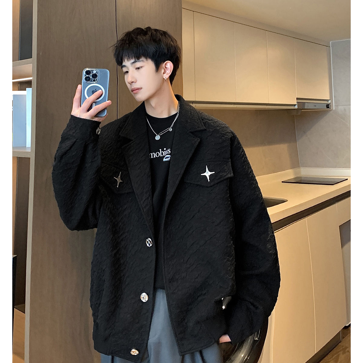 褶皺肌理感外套男春秋款設計感小眾小香風西裝領雅痞大碼工裝夾克-益三禾