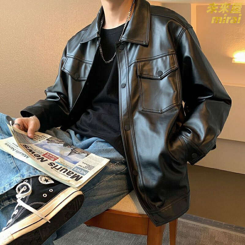 【港風潮牌】皮衣男 夾克外套 機車皮衣 皮夾克 男士外套 春秋外套 PU皮材質 寬鬆百搭 韓版潮流 帥氣有型 春秋季穿搭