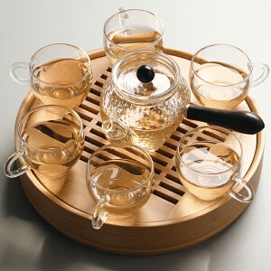 德化玻璃套裝整套功夫茶具陶瓷日式簡約圓形竹制茶盤辦公會