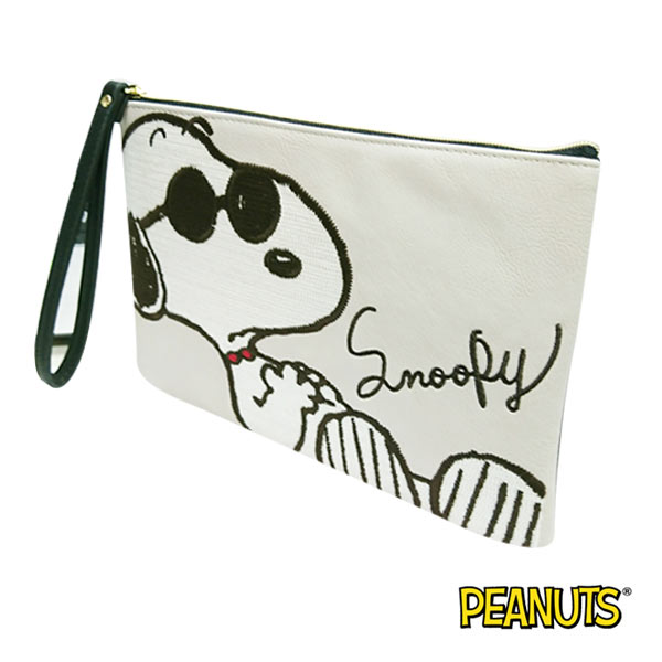 淺灰款【日本進口正版】史努比 Snoopy 刺繡 中型 收納包 化妝包 PEANUTS - 885292