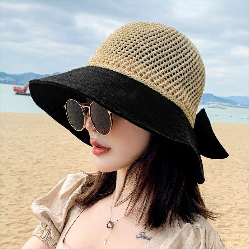 草帽子女夏天韓版防曬空頂帽可折疊遮陽帽沙灘百搭遮臉漁夫帽馬尾
