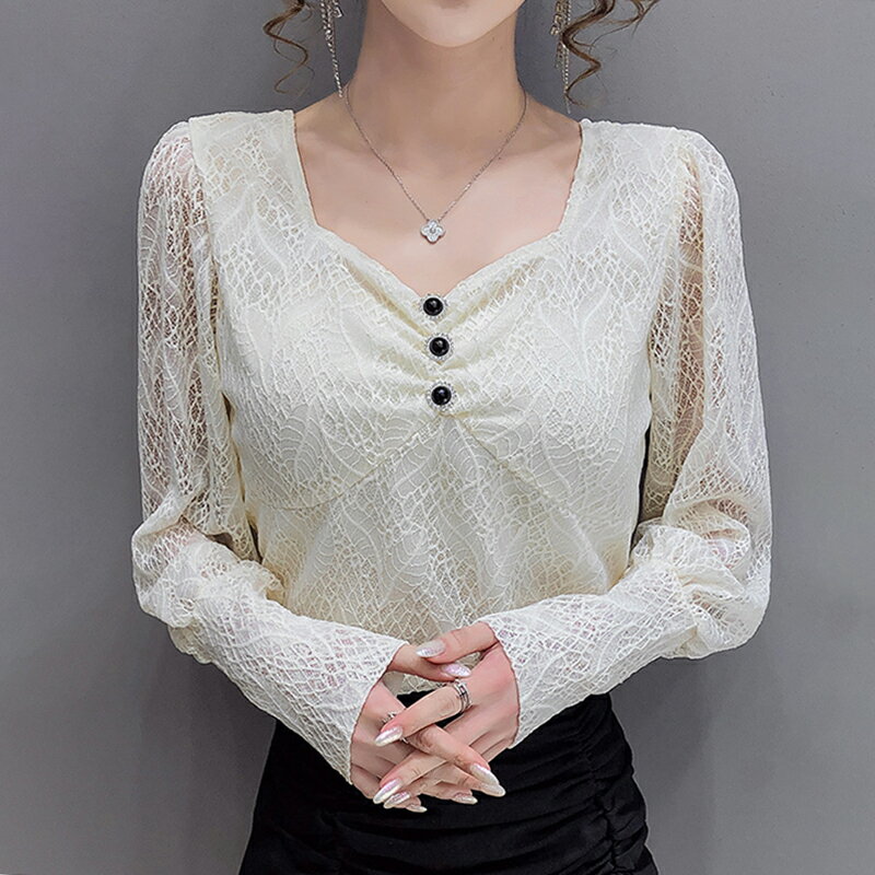 蕾絲打底衫女2020年春季新款方領泡泡袖仙氣長袖v領網紗短款上衣