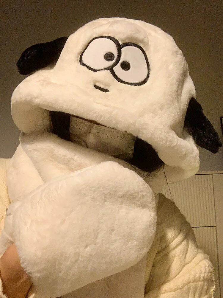 可愛毛絨小狗帽子圍巾一體女冬季加厚保暖防寒護耳騎行手套三件套