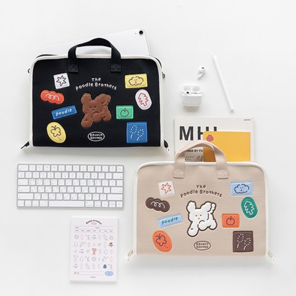 韓國文創Romane電腦包 筆電包 平板保護包 手提電腦包｜早午餐兄弟貴賓狗手提13吋筆電包 米色 黑色 - 手提電腦包 平板保護包 手提筆電包 筆電包 手提平板包 韓國平板收納包 狗狗 貴賓狗 Romane 早午餐兄弟 韓貨 韓國文創 熱銷商品 文創 Brunchbrother 韓國代購 黑色
