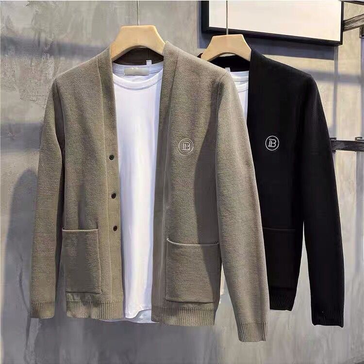 【春上新】男裝外套 休閒外套 2021秋季B字刺繡雪尼爾開衫男韓版時尚簡約針織毛衣衫休閒薄外套