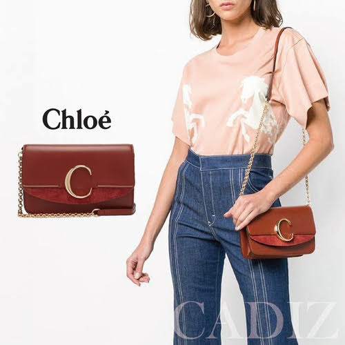 法國正品 CHLOE CHLOÉ “C” CLUTCH WITH CHAIN 棕黃色小牛麂皮鏈條包