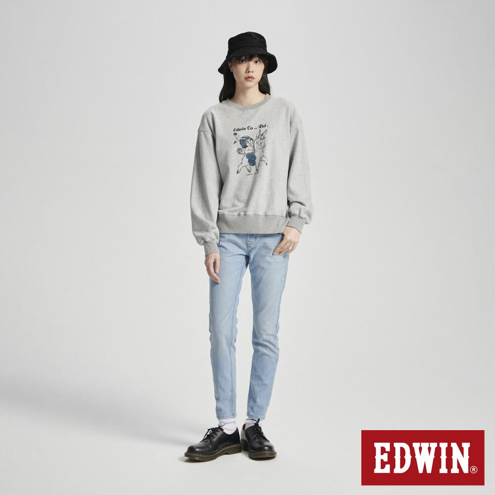 EDWIN BLUE TRIP 寬版印地安長袖T恤-女款 銀灰色