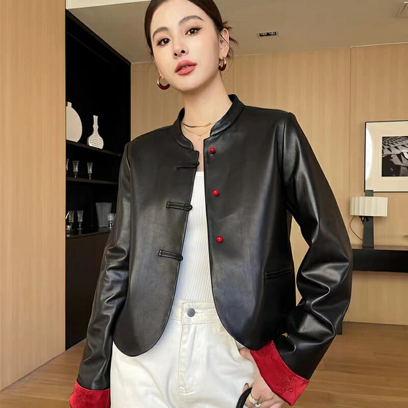 【巴黎精品】皮衣外套真皮夾克-羊皮中式盤扣真皮海寧女外套黑色a1iw22