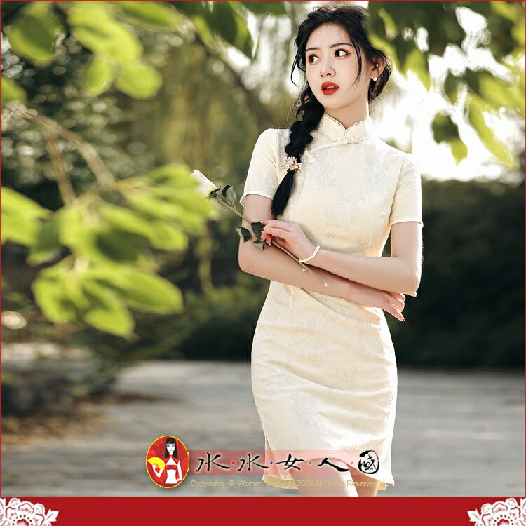 複合蕾絲短款旗袍復古民國風清新年輕少女款改良式時尚修身超顯瘦連衣裙短洋裝-夏至(米白色)-水水女人國